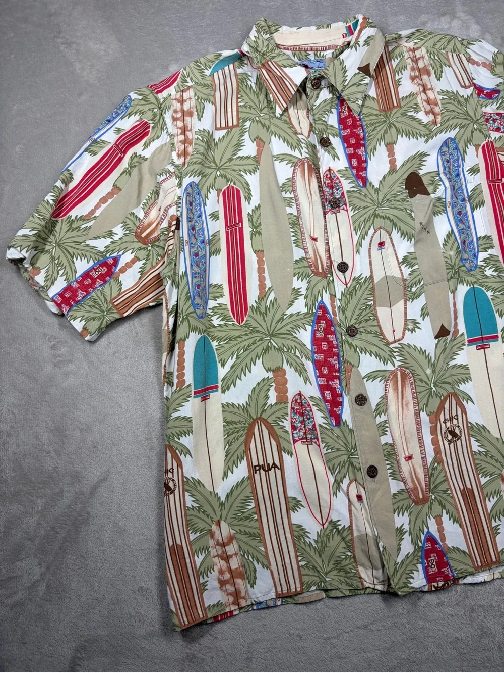 Vintage Reyn Spooner Hawaiian Surfboard Tropical White Cream Collared Shirt S